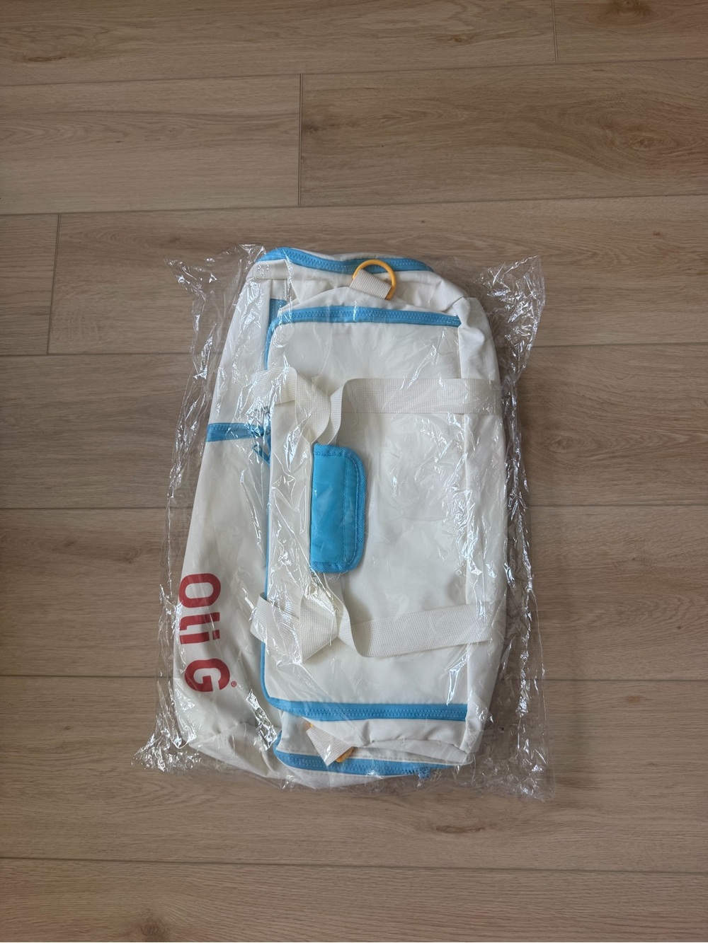 White and Light Blue Duffle Bag with Red Logo